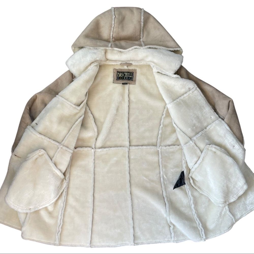VINTAGE 90s Cream Faux Suede & Fur Hooded Coat Size Large - Picture 10 of 15